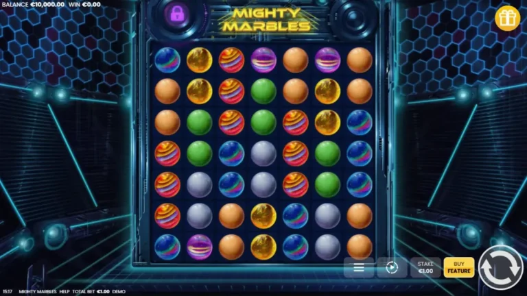 Tampilan visual slot Mighty Marbles dengan tema kosmik neon