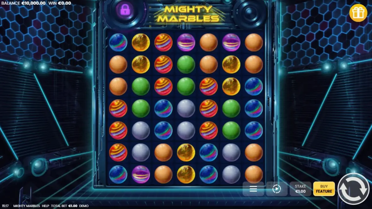 Tampilan visual slot Mighty Marbles dengan tema kosmik neon